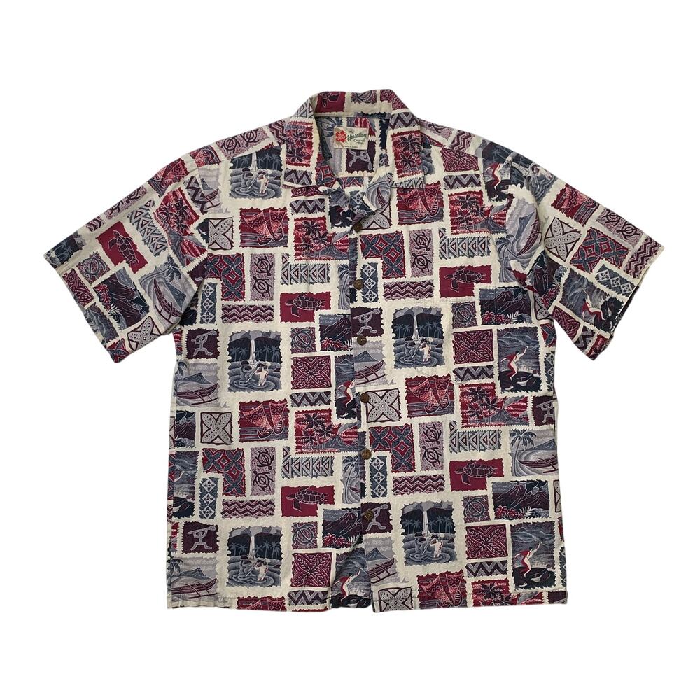 Vintage Hilo Hattie Shirt Mens L Large Multi Geometric Patchwork Hawaiian Aloha